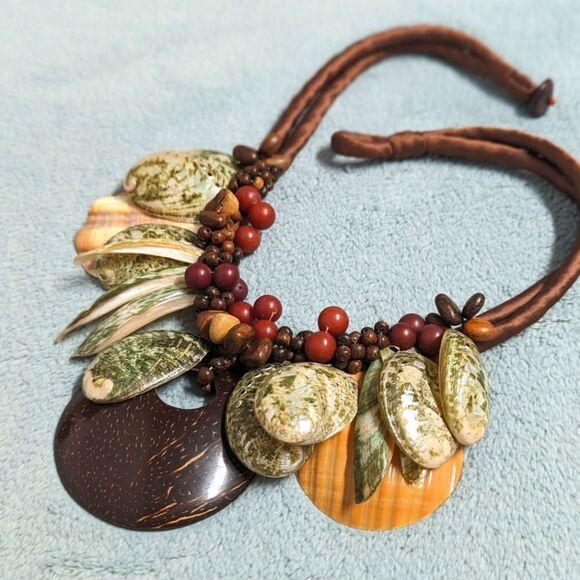 Vintage Artisan Made Natural Shells and Seeds Necklaces on a Satin Cord - Picture 5 of 14